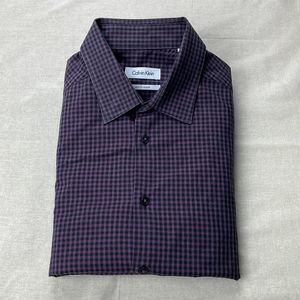 Calvin Klein Shirt Mens Size 16.5 34/35 Purple Gingham Slim Stretch Button Down